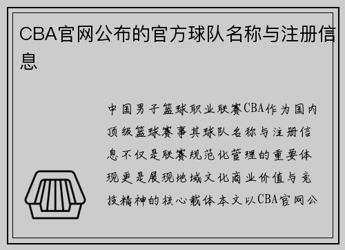 CBA官网公布的官方球队名称与注册信息